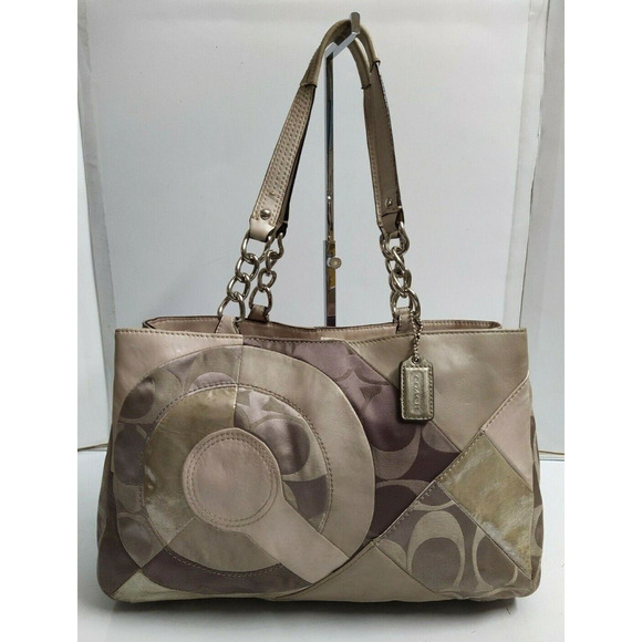 Coach Patchwork Inlaid Grey Canvas Leather Chain Strap Tote Shoulder Bag - Picture 1 of 12